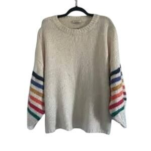 Entro Cream Sweater with Rainbow Stripe Sleeves Size Large EUC